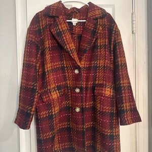 a new day Burgundy and Mustard Plaid Pea Coat